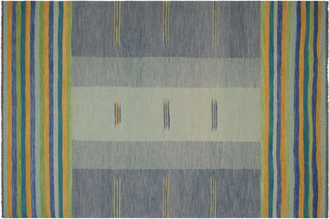 Flat Weave Kilim, Antique, Navaho, Vintage, Handmade, Modern Kilim Blue Gold Hand-Woven Rectangle 100% Wool Area Rug 9 x 11